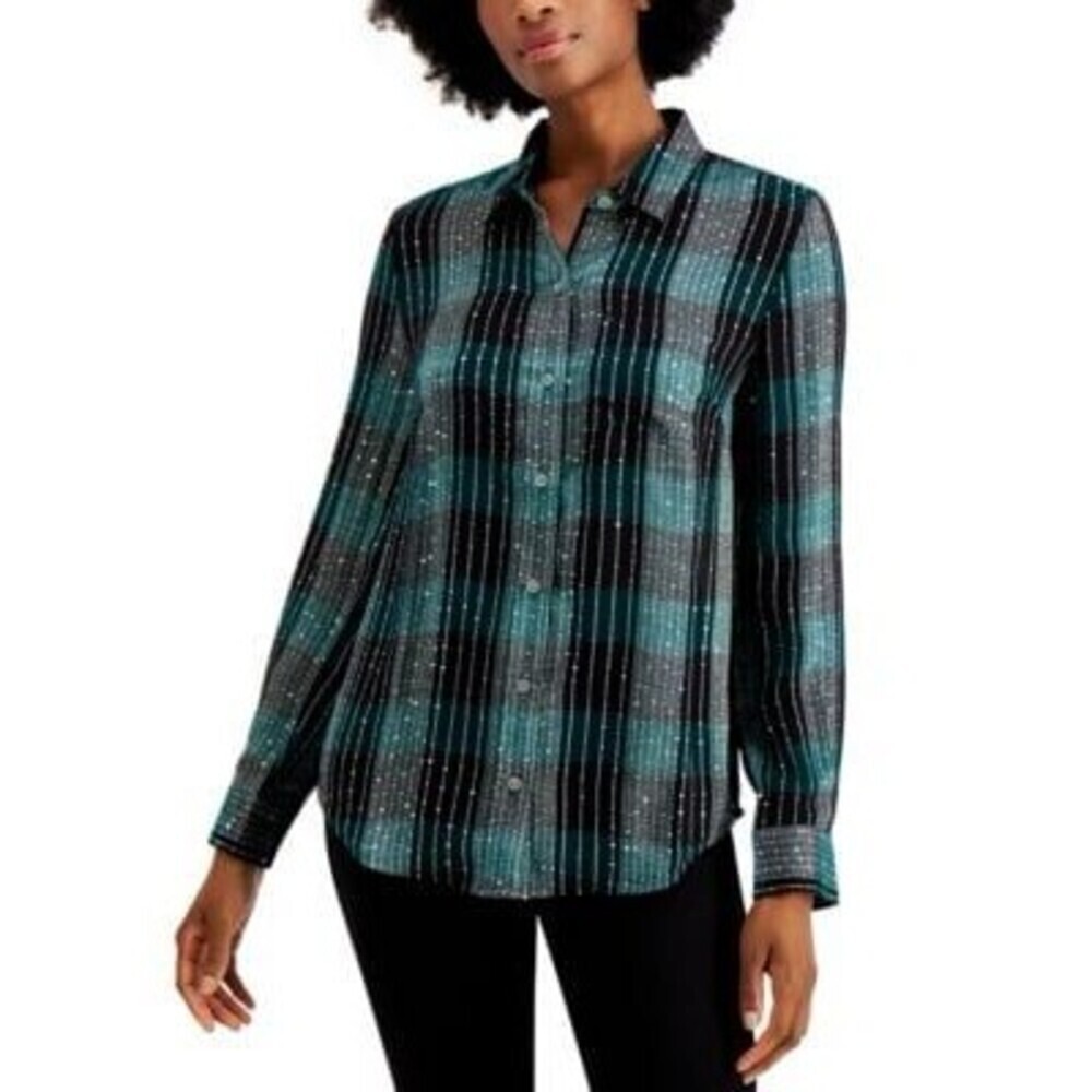 Style & Co Womens Plaid Sequin Long Sleeve Button Up Top Relaxed Holiday Size Sm